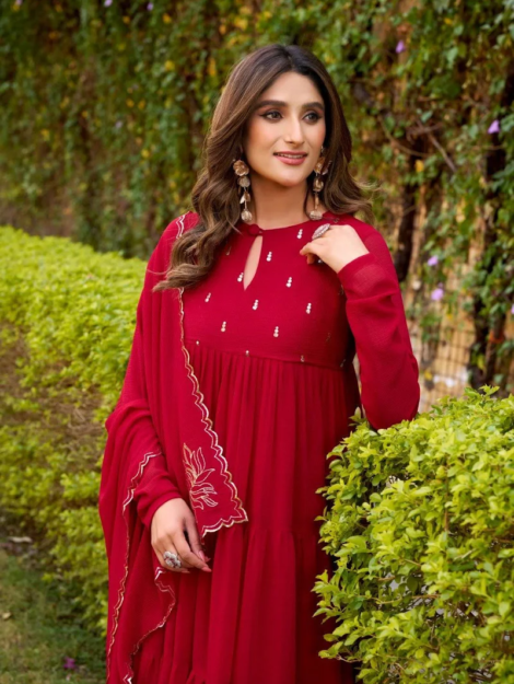 Festival Suits Women's Red Marbel Foil Work Salwar Suit4