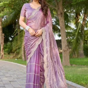 Women's Striped Embellished Pure Chiffon Saree