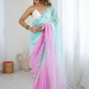 Women's Heavy Embellished Organza and Chiffon Saree