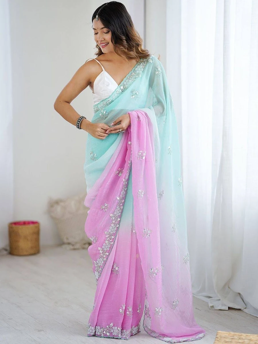 Women's Heavy Embellished Organza and Chiffon Saree