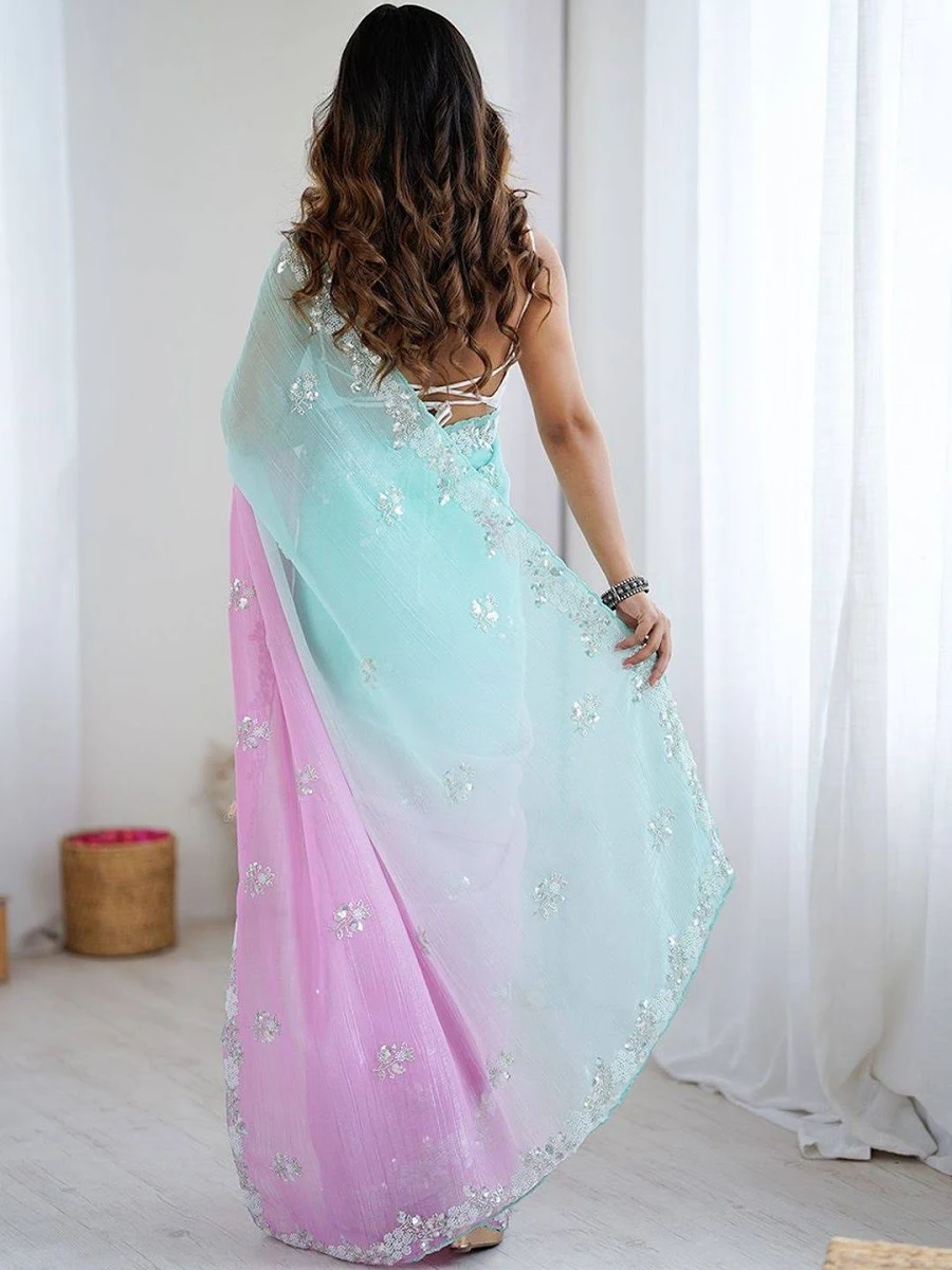 Women's Heavy Embellished Organza and Chiffon Saree - Image 3